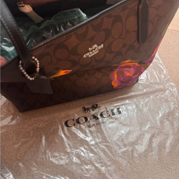 Unique Coach Brown Signature Tote with Purple and Orange Floral Print - Picture 7 of 8